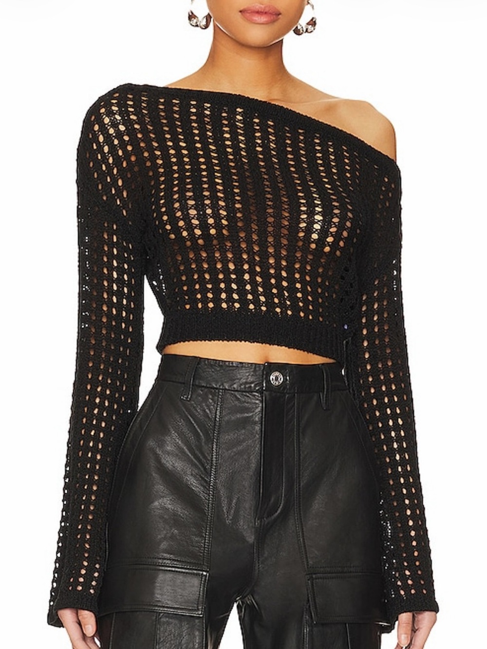LPA Leo Off-Shoulder Open Knit Sweater